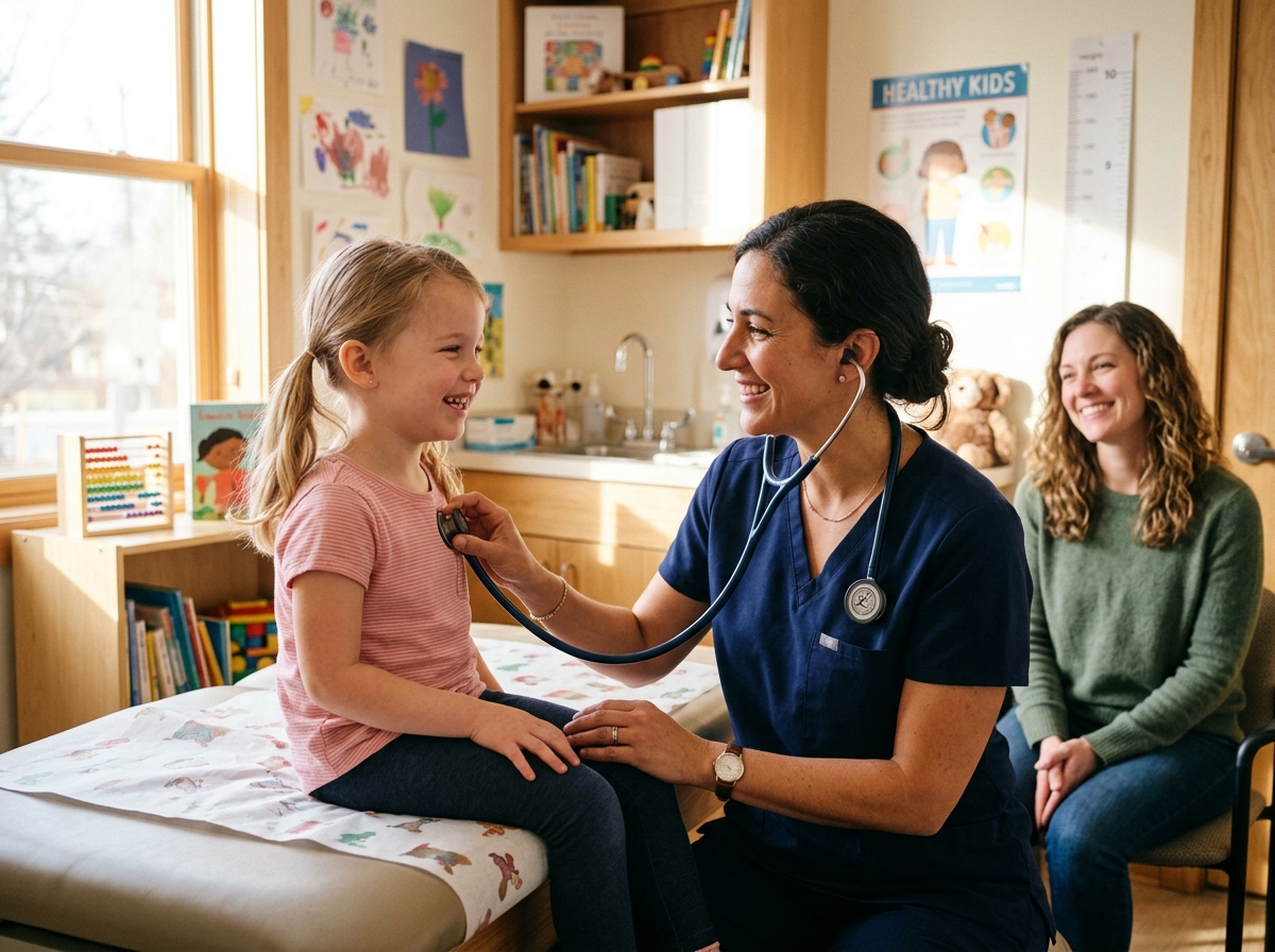 A StarMed clinician with a child and parent during a visit